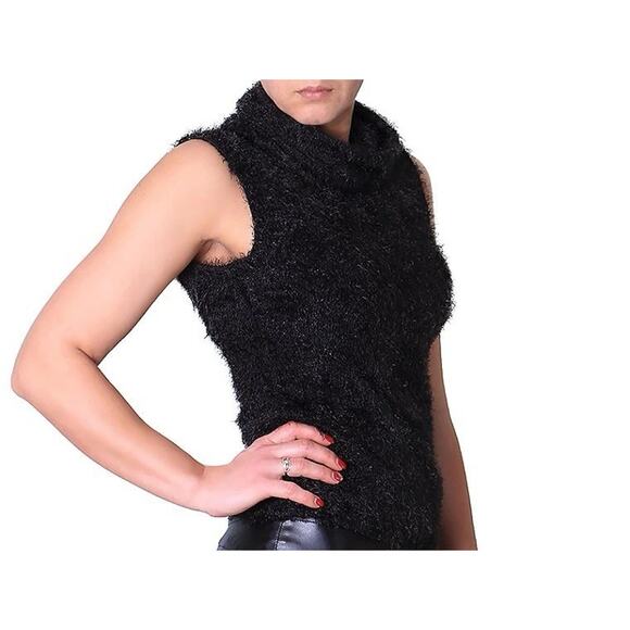 Willie Smith Funnel Neck Black Fuzzy Tinsel Sleeveless Sweater Top M - Picture 5 of 5